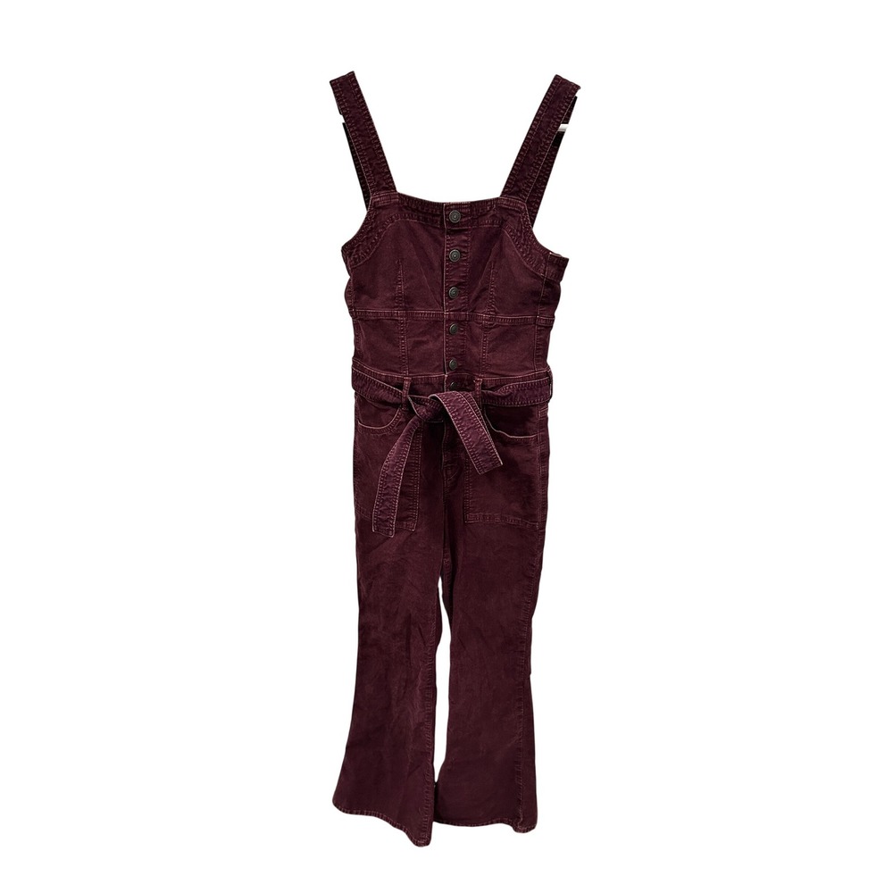 American Eagle Burgundy Corduroy Button Front Tie Waist Flare Jumpsuit Size 6